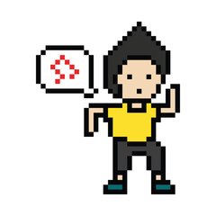 Obraz premium Cute cartoon pixel character cute man exercises training aerobic dance lifestyle music decoration life style 8 bit male boy dance with music game 8bit fitness isolated PNG vector.
