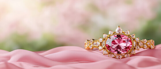 pink gemstone ring on soft fabric background