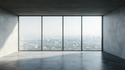 Obraz premium A modern, empty room with large windows offering a panoramic city view.