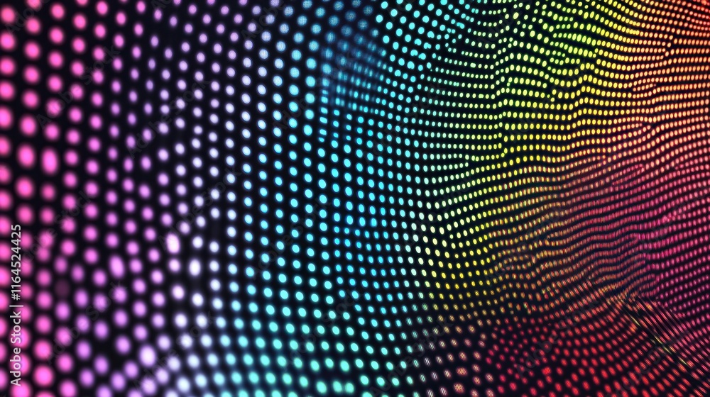 Poster abstract colorful wave of glowing dots on dark background.