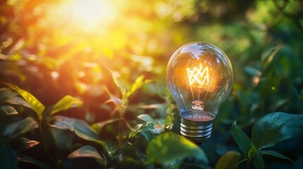 Glowing light bulb surrounded by fresh green plants in sunlight