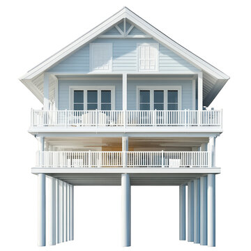 recommend clip art: a modern two-story house elevated on stilts. featuring a light blue exterior. large windows. and a wraparound balcony the design suggests a coastal or beachside location. ideal for leisure and relaxat