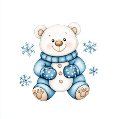 Cute polar bear with snowflakes in blue tones