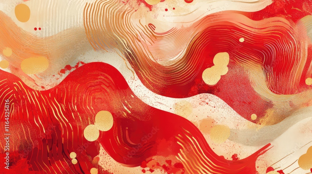 Fototapete Playful hand-drawn abstract New Year design with swirling patterns in bold red and soft golden highlights.