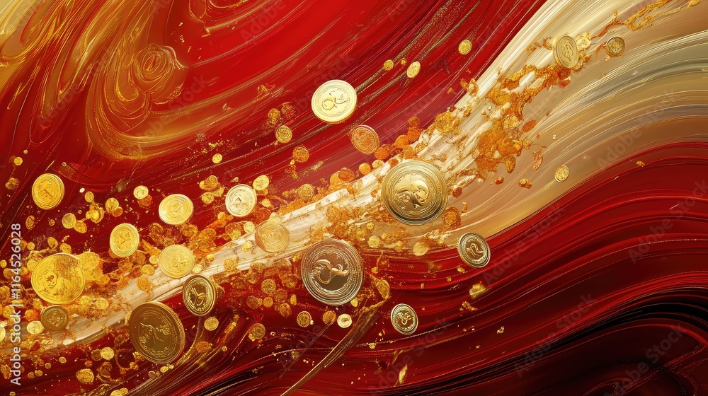 Fototapete prosperity symbols like gold coins and lucky charms, floating in abstract, dynamic red and gold wave