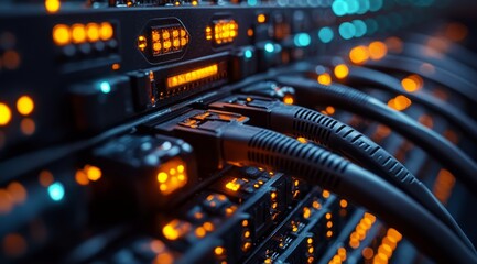 Naklejka premium Network cables connecting to a server rack in a data center during evening hours