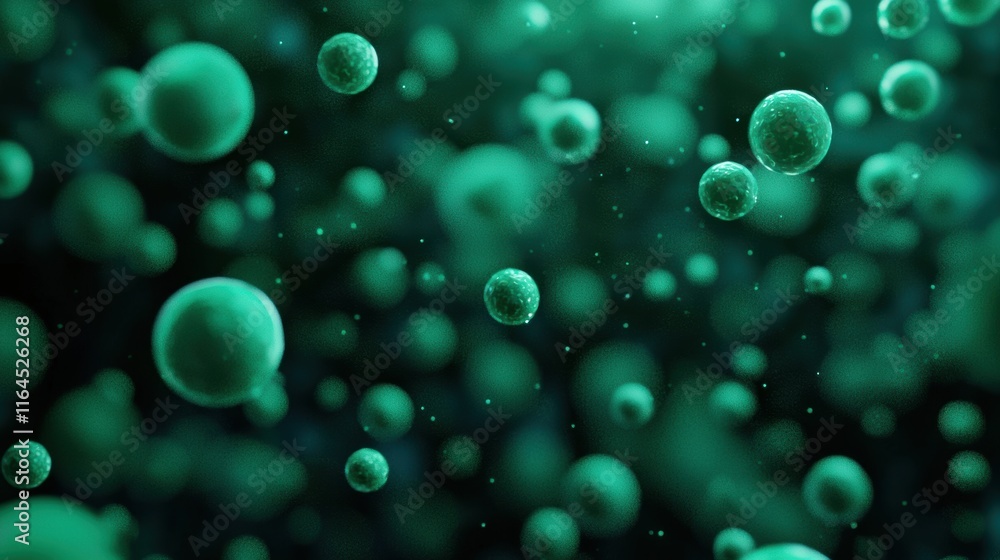 Poster abstract green microorganisms floating in dark background
