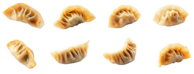 a variety of dumplings arranged in different orientations on a white background. highlighting their unique shapes and textures the focus on the dumplings emphasizes their culinary appeal. making it su
