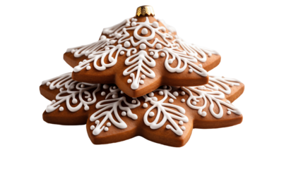 Festive gingerbread cookie shaped like a Christmas tree, adorned with colorful icing, studio view, isolated on transparent background.