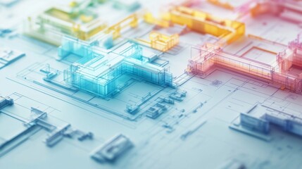 Vibrant Blueprints with Time Lapse Effect on White Background