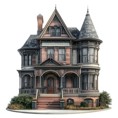 a beautifully detailed victorian-style house featuring intricate brickwork. ornate trim. a prominent turret. and a welcoming front porch surrounded by greenery it embodies classic architectural design