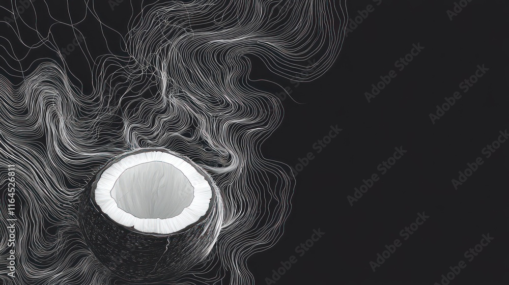 Poster halved coconut on dark background with abstract lines.