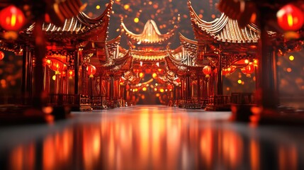 Obraz premium Radiant 3D abstract Chinese New Year art with glowing red and gold structures, symbolizing energy and renewal.