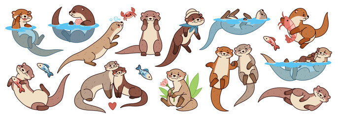 Funny cartoon otters. River, sea mammals, cute water animals, happy pet mascot, different poses, actions, swimming, fishing, couples and mom with kid, tidy vector isolated set © YummyBuum
