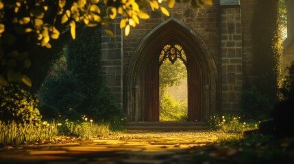 Sunlit Gothic archway entrance to a stone church.