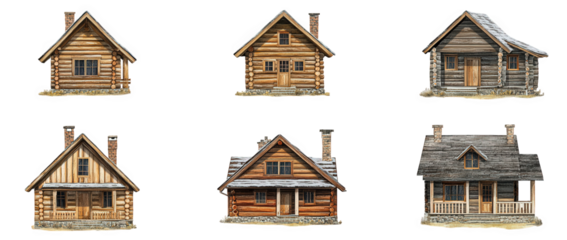 six distinct wooden houses. each showcasing different architectural styles and materials the designs vary in color. structure. and roof types. emphasizing traditional craftsmanship this illustration c