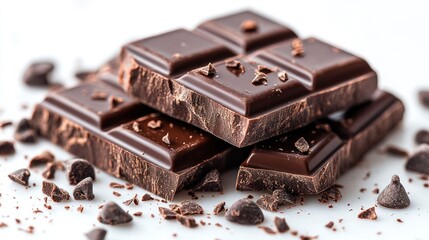 Delicious dark chocolate bar pieces and chocolate chips on white background.