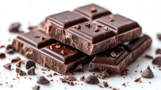 Delicious dark chocolate bar pieces and chocolate chips on white background. - Powered by Adobe