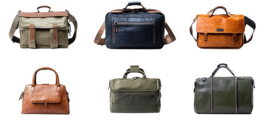 a collection of six stylish bags. each varying in design. color. and material these bags include messenger bags. briefcases. and satchels. suitable for various purposes such as work. travel. or daily