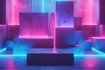 abstract pink blue neon background, empty boxes illuminated with ultraviolet light