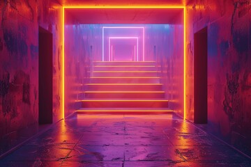 abstract red blue background, glowing yellow square shape, neon light. Empty frame. Architectural urban retro scene, staircase perspective. Simple geometric design. Futuristic concept