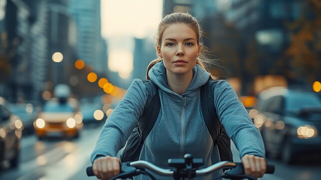 Young woman cycling through city traffic.