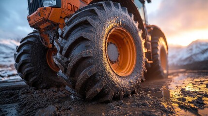 Close-up of muddy tractor tire in sunset.