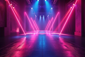 Background of empty stage show. Neon light and laser show. Laser futuristic shapes on a dark background. Abstract dark background with neon glow