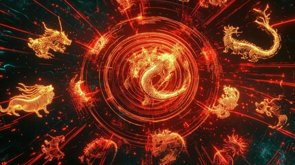 Obraz premium Radiant Chinese zodiac symbols arranged in an abstract composition with glowing lines and red energy trails.