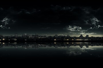 Fototapeta premium Tranquil night cityscape grey buildings, white lights, and marsh green water reflections