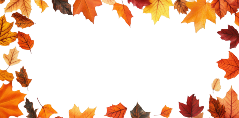 collection of autumn leaves in various shades of orange. yellow. and red. arranged around a blank white space. creating a seasonal frame that evokes the essence of fall this composition can be used fo