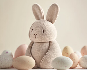 Detailed close-up of a bunny-shaped egg warmer surrounded by vibrant Easter eggs, showcasing craftsmanship and joy.