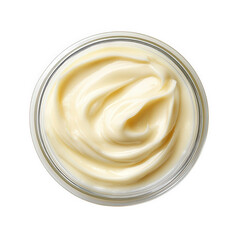 a glass jar filled with a creamy. smooth substance that resembles mayonnaise or a similar condiment the texture appears rich and glossy. indicating it could be used as a spread or ingredient in variou