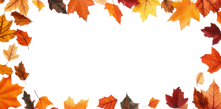 collection of autumn leaves in various shades of orange. yellow. and red. arranged around a blank white space. creating a seasonal frame that evokes the essence of fall this composition can be used fo - Powered by Adobe