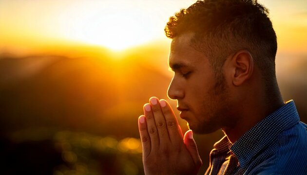 m&atilde;os ao rosto e olhos fechados em gesto de fervorosa ora&ccedil;&atilde;o, conceito f&eacute;, religi&atilde;o - Generated image