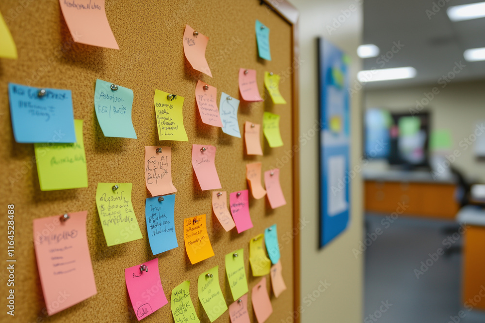 Poster cork board with many colorful sticky notes on it. the notes are written in different languages and h