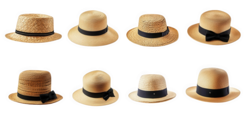 collection of various straw hats. showcasing different styles and designs each hat has a unique band. with some adorned with bows. highlighting their casual and stylish nature. suitable for leisure ac