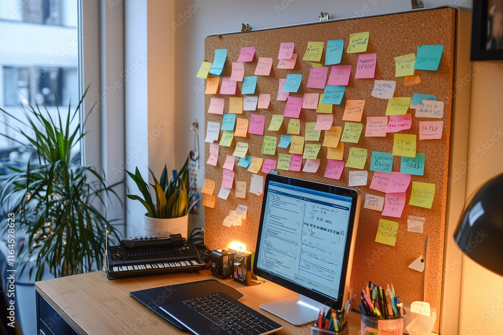 Poster desk with a computer, keyboard, and a cork board with colorful notes on it. the notes are written in