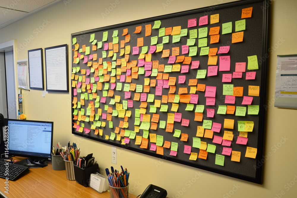 Poster bulletin board covered in colorful sticky notes with various words and phrases written on it. the bo