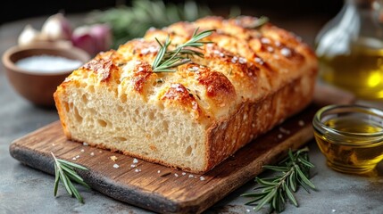 A freshly baked loaf of bread garnished with rosemary, served on a wooden board.