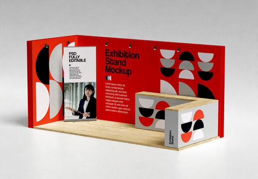 Exhibition Stand Mockup with Roll up Banner
