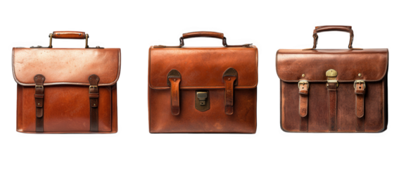 three vintage leather briefcases arranged side by side. showcasing their distinct designs and craftsmanship the bags vary slightly in style and size. highlighting their suitability for business use. t
