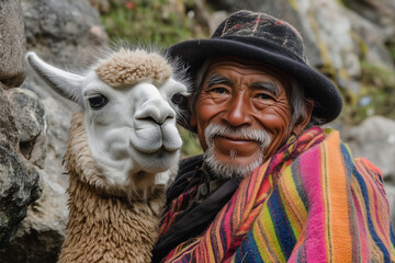  man is standing next to a white llama. The man is smiling and the llama is looking at him