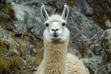 Fototapeta premium white llama with brown spots is staring at the camera. The image has a calm and peaceful mood, as the llama appears to be content and relaxed