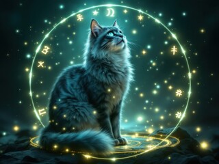 Mystical Cat with Glowing Aura and Celestial Symbols