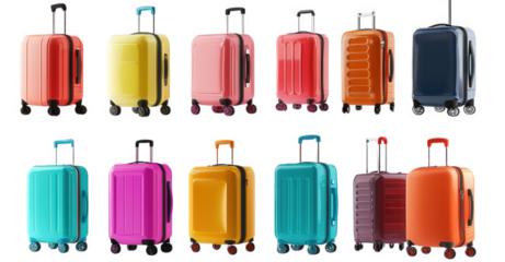 a collection of colorful suitcases arranged in a grid format. showcasing various designs and colors the suitcases are designed for travel. highlighting their features such as wheels and handles. appea