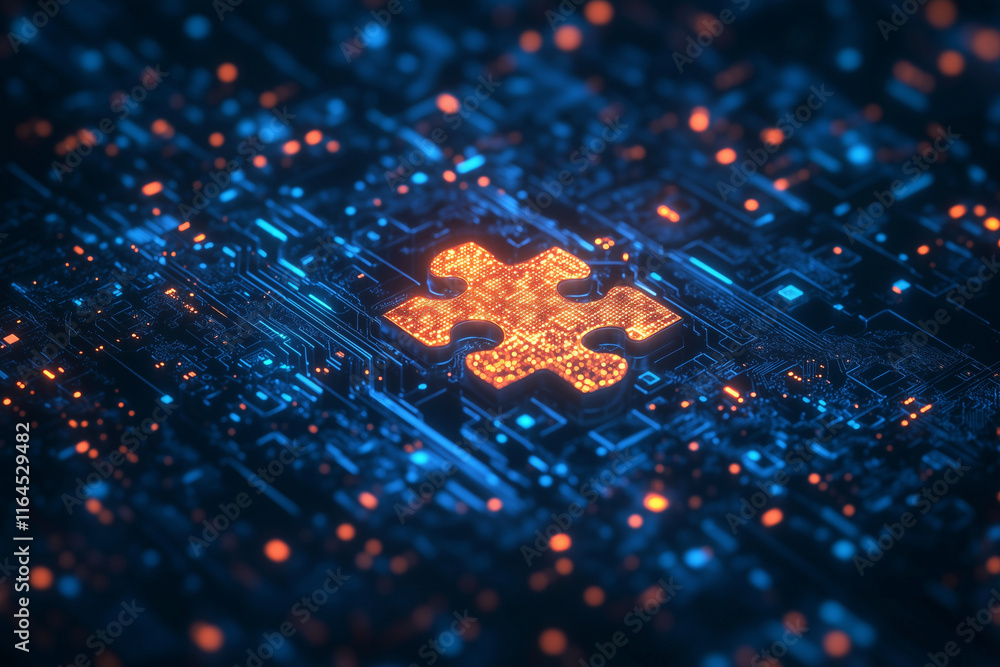Poster puzzle piece is shown in a blue and orange background. the puzzle piece is surrounded by a lot of ot