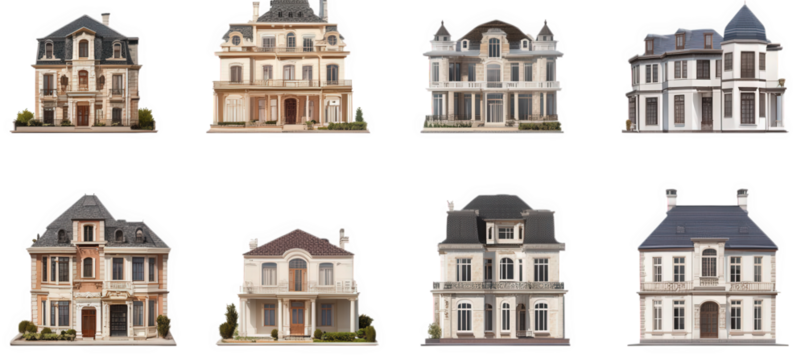 a collection of eight distinct architectural designs of houses. each featuring unique styles and details. arranged in a grid format these designs highlight various elements such as roofs. facades. win