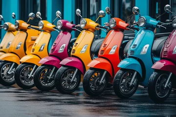 row of colorful scooters are parked next to each other. The scooters are of different colors, including yellow, orange, and blue. Concept of variety and diversity, as well as a sense of organization