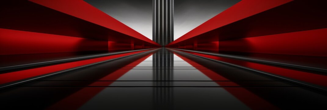 Bold skyscraper silhouette  strong horizontal lines in black and red against a minimalist background